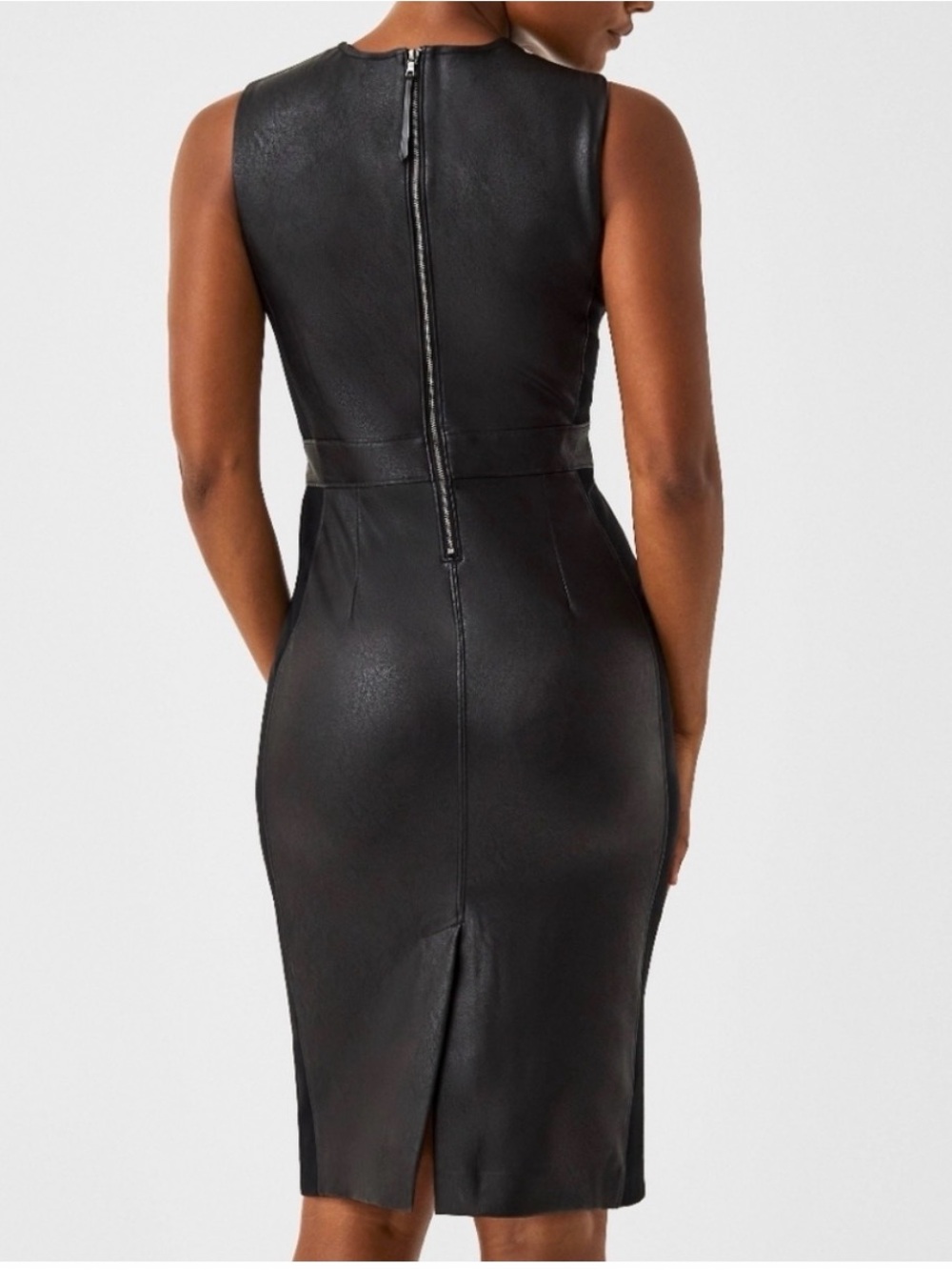 SPANX Black Faux Leather Paneled Midi Sheath Dress NWT Large - Picture 5 of 16